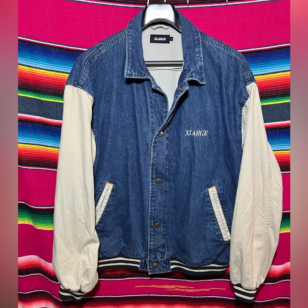 XLarge Brand Denim Varsity Jacket Indigo Streetwear Size Large